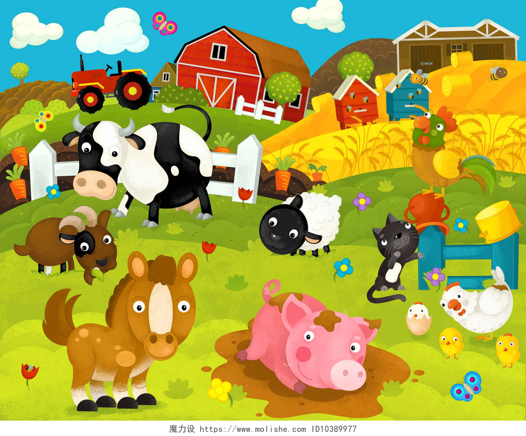 农场场景与动物的插画